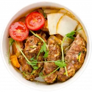 Кебаб, картопля з пармезаном, капуста прованс